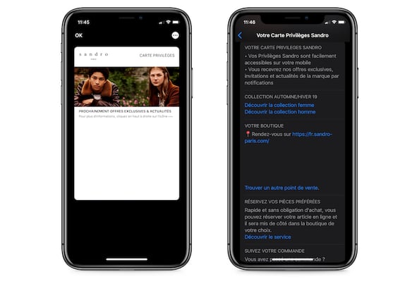 Carte Privilèges Sandro générique dématérialisée dans Apple Wallet