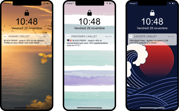 Notifcations push Lacoste, Homair et Printemps - wallet mobile