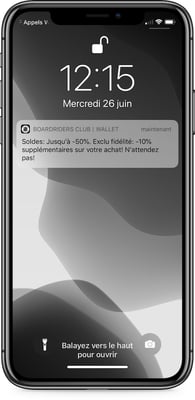 Notification push Boardriders pour les soldes 2019 - campagne sur wallet mobile