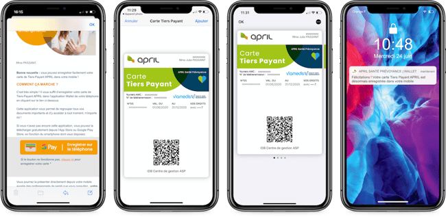 Parcours de dématérialisation de la carte tiers payant April sur iOS via un mail dédié