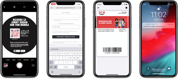 Parcours de dematerialisation de la carte Jennyfer depuis un QR Code en magasin