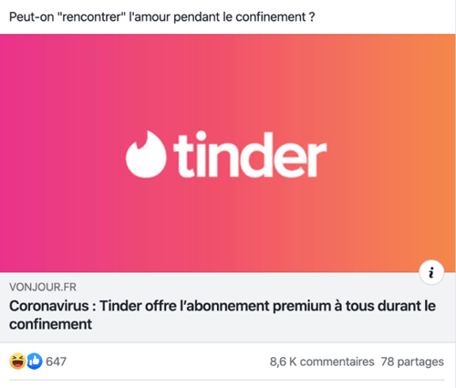 Tinder offre un mois gratuit sur Facebook